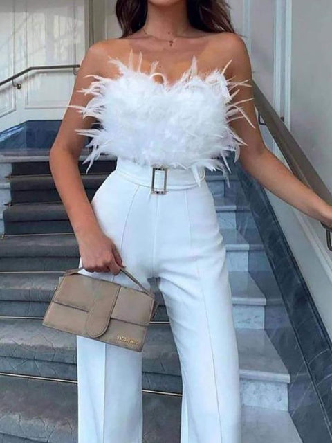 Strapless Plain Feather Accent Wide Leg Jumpsuit - HouseofHalley