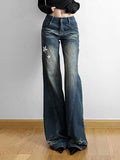 Low Waist Star Applique Washed Straight-Fit Wide-Leg Jeans - HouseofHalley