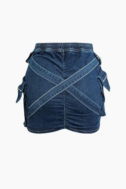 V-waist Buckle Flap Pocket Denim Cargo Skirt - HouseofHalley