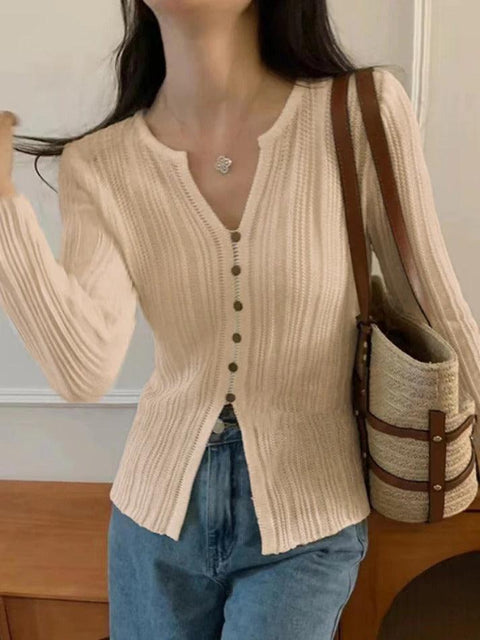 Solid V Neck Slit Long Sleeve Knit - HouseofHalley