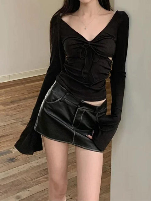 Solid V Neck Side Cutout Trumpet Sleeve Long Sleeve Knit - HouseofHalley