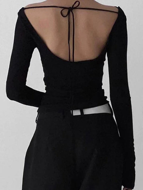 Solid Color Stacked Neck Backless Lacing Long Sleeve Tee - HouseofHalley