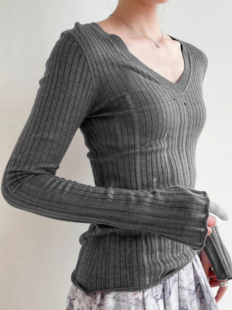 V Neck Slim Cutout Long Sleeve Knit - HouseofHalley