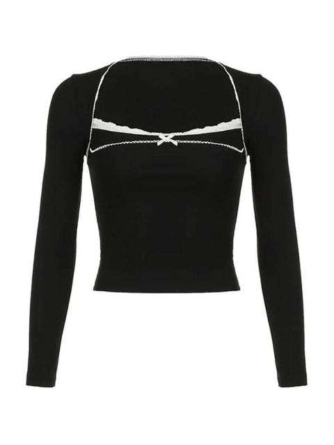 Square Neck Lace Splice Long Sleeve Tee - HouseofHalley