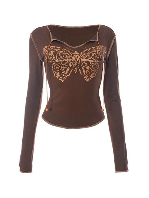 Butterfly Print Notch Neck Quilted Long Sleeve Tee - HouseofHalley