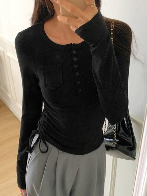 Rib Solid Breasted Slim Long Sleeve Knit - HouseofHalley