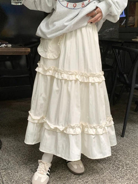 Pleated Elastic Waist Fungus Splice Tiered Midi Skirt - HouseofHalley