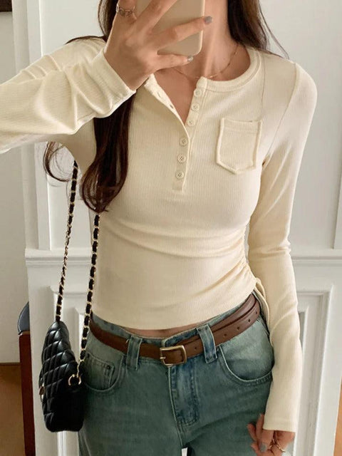 Rib Solid Breasted Slim Long Sleeve Knit - HouseofHalley