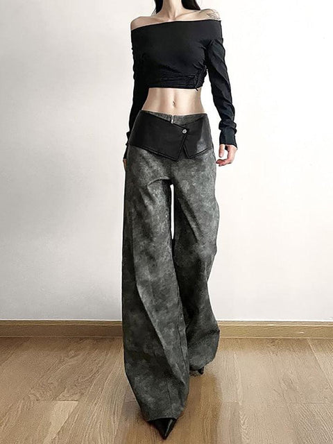 Low Waist Tie Dye Panel Faux Leather Wide Leg Pants - HouseofHalley