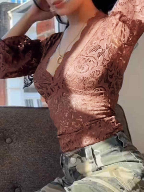 Lace V Neck Slim Flare Design Long Sleeve Shirt - HouseofHalley