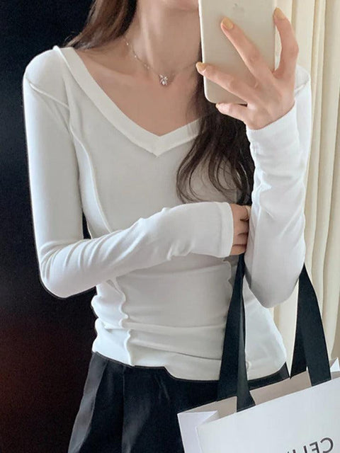 Solid V Neck Seam Detail Slim Long Sleeve Knit - HouseofHalley