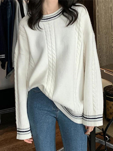 Striped Trim Cable Knit Pullover Sweater - HouseofHalley