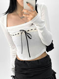 Long Sleeve Square-Neck Lace Panel Bow Accent Plain Crop Top - HouseofHalley