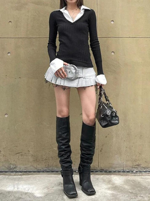 Polo Neck Splice Fake Two Piece Long Sleeve Knit - HouseofHalley