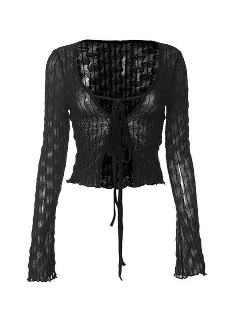 Perspective Mesh Lace Up Long Sleeve Blouse - HouseofHalley