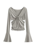 Solid V Neck Side Cutout Trumpet Sleeve Long Sleeve Knit - HouseofHalley