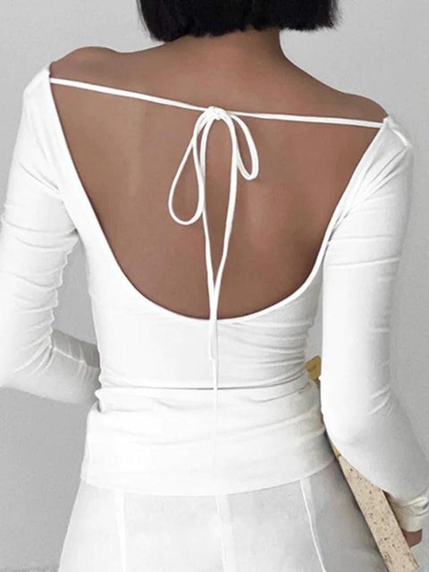 Solid Color Stacked Neck Backless Lacing Long Sleeve Tee - HouseofHalley