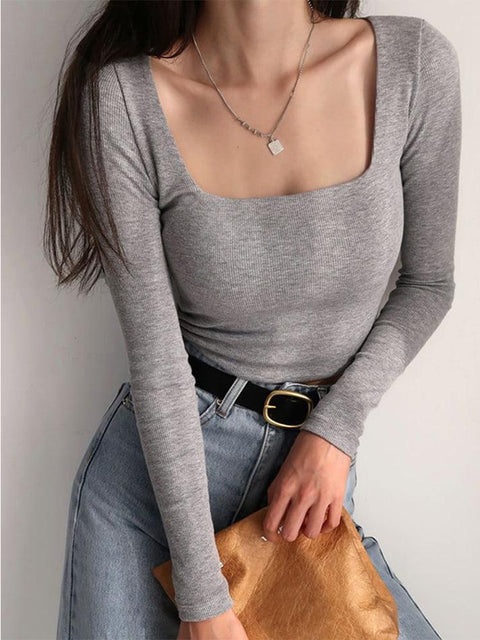Long-Sleeve Square Neck Plain Cropped T-Shirt - HouseofHalley