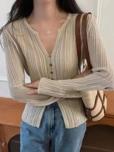 Solid V Neck Slit Long Sleeve Knit - HouseofHalley