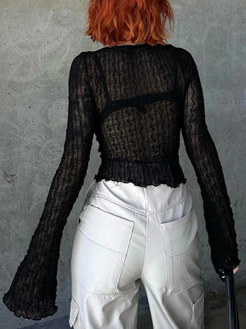 Perspective Mesh Lace Up Long Sleeve Blouse - HouseofHalley