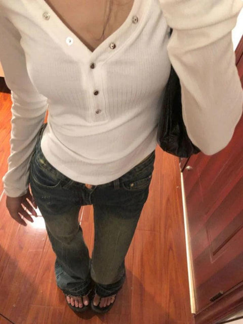 Solid V Neck Snap Button Slim Long Sleeve Knit - HouseofHalley