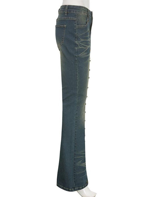 Mid Rise Washed Studded Flared Jeans - HouseofHalley