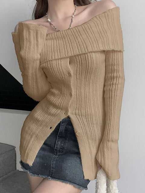 Long Sleeve Off-Shoulder Ribbed-Knit Sweater - HouseofHalley