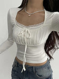 Lace Trim Shirred Lace Up Long Sleeve Tee - HouseofHalley