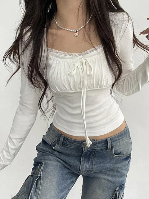 Lace Trim Shirred Lace Up Long Sleeve Tee - HouseofHalley