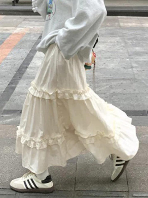 Pleated Elastic Waist Fungus Splice Tiered Midi Skirt - HouseofHalley
