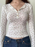 Ditsy Floral Print V Neck Breasted Long Sleeve Knit - HouseofHalley