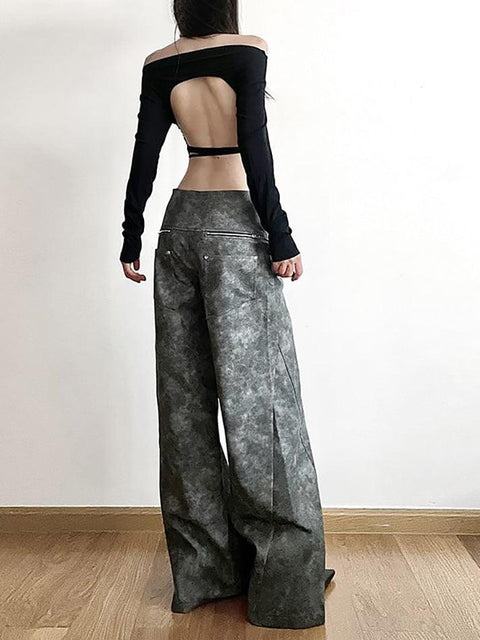 Low Waist Tie Dye Panel Faux Leather Wide Leg Pants - HouseofHalley