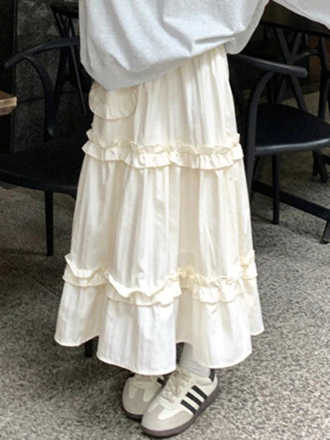 Pleated Elastic Waist Fungus Splice Tiered Midi Skirt - HouseofHalley