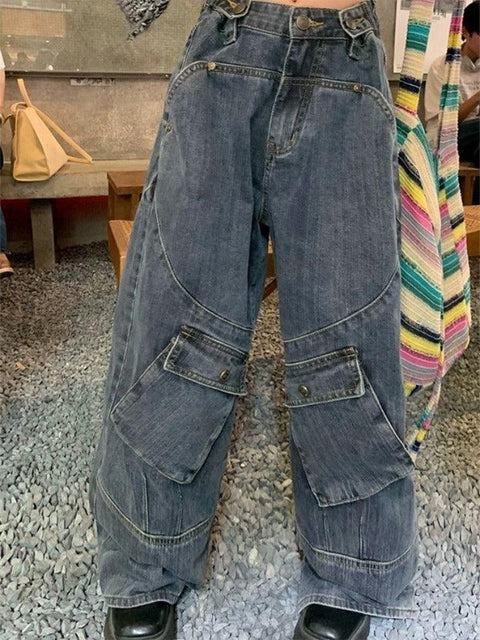 Washed Irregular Pocket Splice Cargo Jeans - HouseofHalley