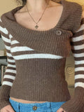 Contrast Color Striped Splice Big Lapel Neck Slim Sweater - HouseofHalley