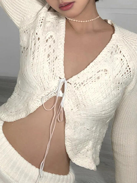 Butterfly Pointelle Lacing Trumpet Sleeve V Neck Cardigan - HouseofHalley