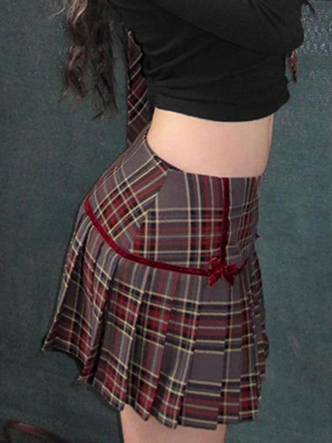 Low Rise Plaid Bow Accent Mini Pleat Skirt - HouseofHalley