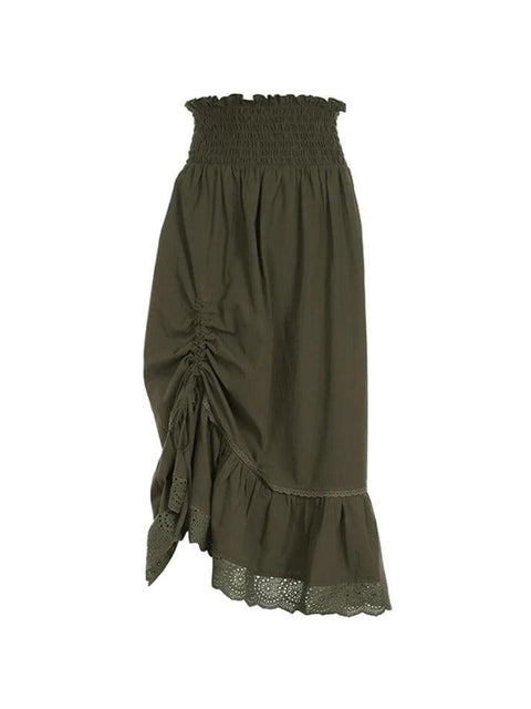 Smocked Ruched Asymmetric Hem High Waist Maxi Skirt - HouseofHalley