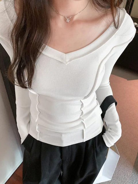 Solid V Neck Seam Detail Slim Long Sleeve Knit - HouseofHalley