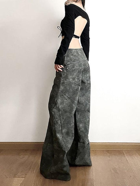 Low Waist Tie Dye Panel Faux Leather Wide Leg Pants - HouseofHalley