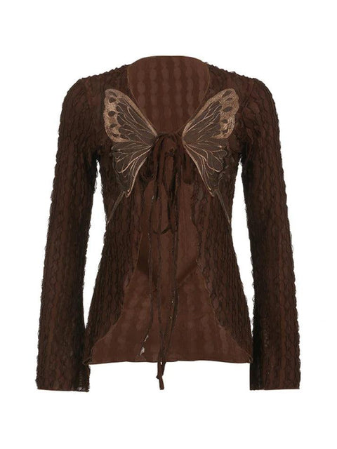 Retro Brown Textured Butterfly Print Lacing Long Sleeve Blouse - HouseofHalley