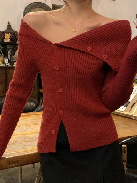 Solid Irregular Lapel Neck Off Shoulder Long Sleeve Knit - HouseofHalley