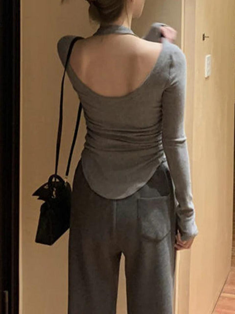 Solid Halter Backless Curvy Hem Long Sleeve Knit - HouseofHalley