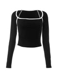 Square Neck Contrast Color Piping Design Long Sleeve Tee - HouseofHalley