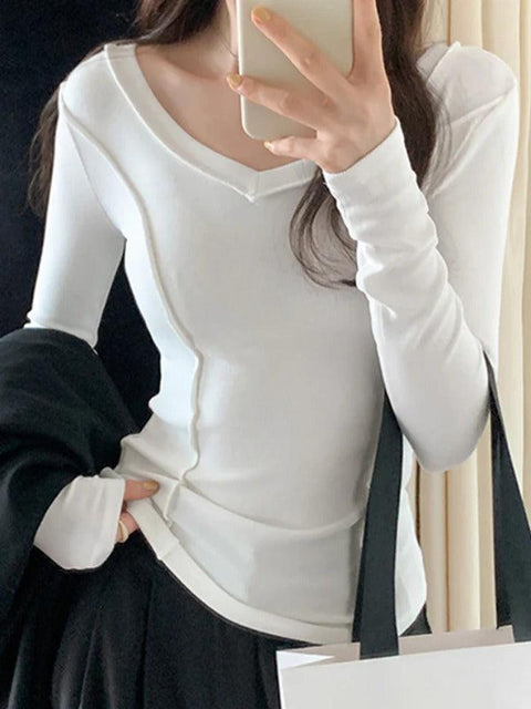 Solid V Neck Seam Detail Slim Long Sleeve Knit - HouseofHalley