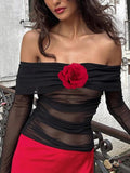 Mesh Ruched Off Shoulder Flower Decor Long Sleeve Tee - HouseofHalley