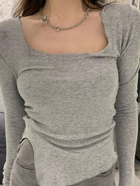 Solid Color Fungus Trim Irregular Hem Long Sleeve Knit - HouseofHalley
