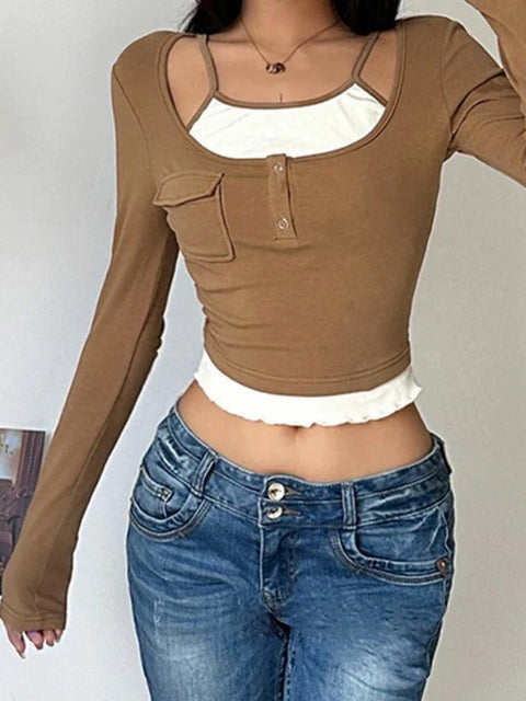Vintage Contrast Fake Two Piece Cropped Long Sleeve Tee - HouseofHalley