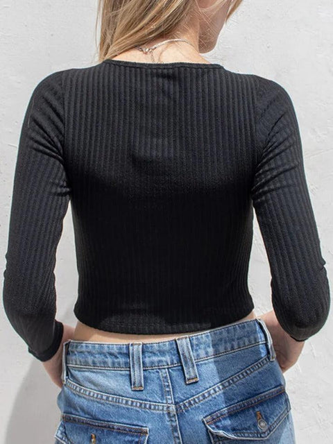 Solid Rib Crew Neck Slim Long Sleeve Knit - HouseofHalley