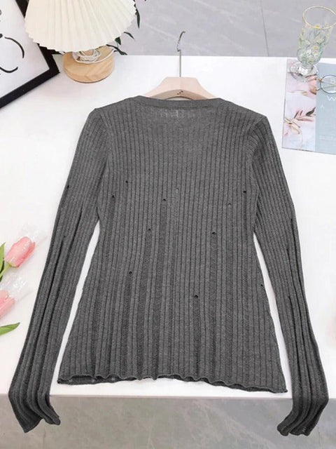 V Neck Slim Cutout Long Sleeve Knit - HouseofHalley